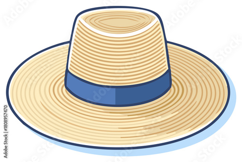 Illustration of a Woven Straw Hat with a Blue Ribbon, Summer Style