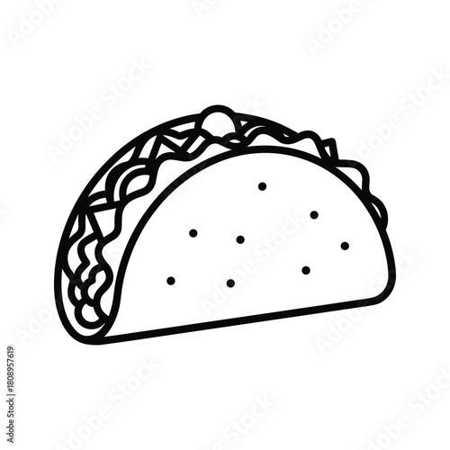 Line art icon of a single taco, filled with various ingredients, representing mexican cuisine