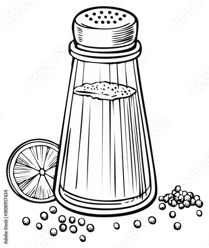 Vintage style black and white illustration of a salt shaker with peppercorns and lemon slice