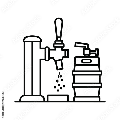 A line art illustration of a beer tap dispensing liquid next to a stacked beer keg, isolated on
