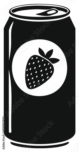 Minimalist vector illustration of a soft drink can with a prominent strawberry design