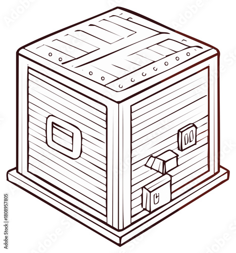 Wooden shipping crate with riveted metal banding and openings for handling