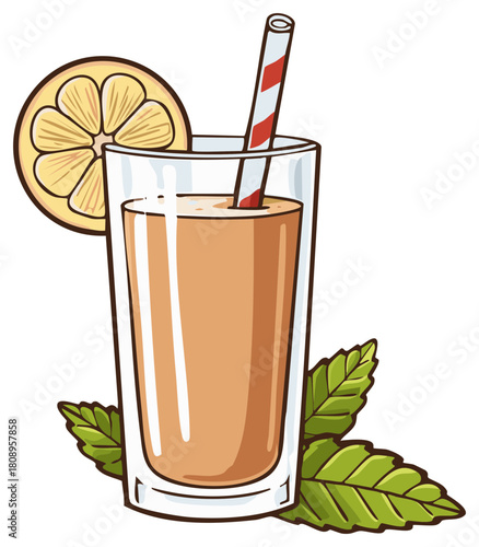 Refreshing peach smoothie with lemon and mint garnish in a tall glass with a striped straw