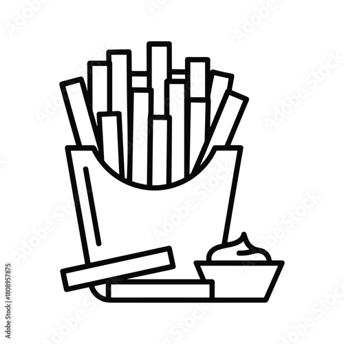 Line art icon of a carton of crispy french fries with a side of dipping sauce