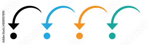 Curved colouring arrow pointing downward and left, symbolizing return, backward navigation, decline, direction, movement, guidance, and visual transition in interface or presentation design