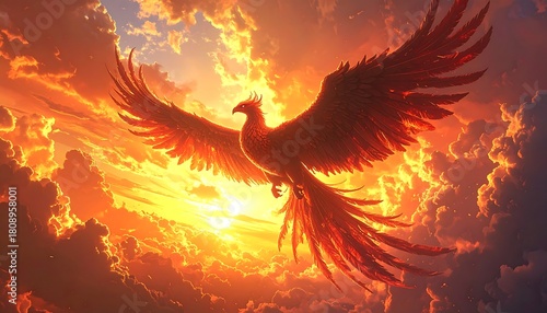 Fiery bird soars through a vibrant, cloud-filled sky during a stunning sunset