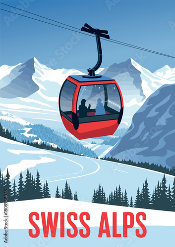 Swiss Alps ski travel poster vintage Art Deco mountain illustration