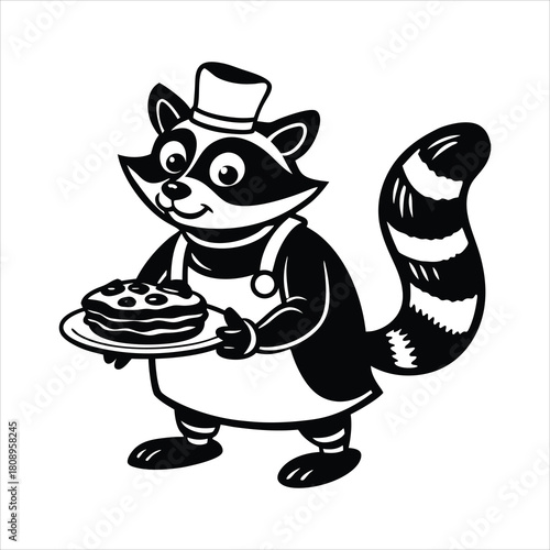 Funny raccoon chef wearing a hat and cooking pancake