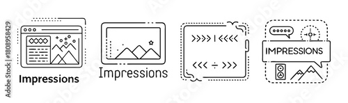 Web analytics and online impressions vector line icon set data