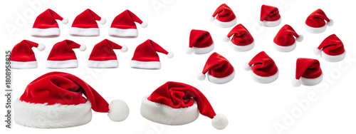 set of fluffy christmas santa claus hat laying on transparent background

