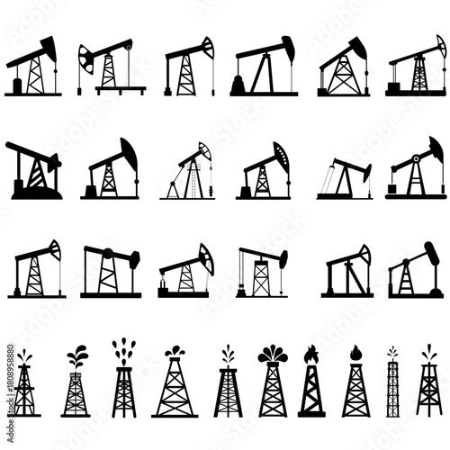 Pump Jack icon vector set. Oil illustration sign. Oil Drilling symbol collection. Oil Pumping logo.