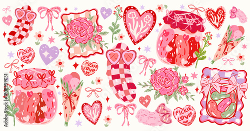 Valentines Pickle, Hand drawn Valentine clipart ,Aesthetic Valentine, Cute Cookie, Love,Coquette bookish, Coquette Pink Bow,Vintage Holiday, Whimsical vector,romantic heart poster,invitation