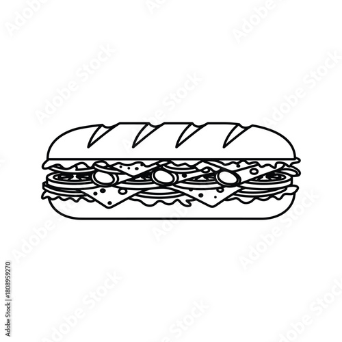 Submarine sandwich with various fillings, delicious fast food, line art illustration isolated on