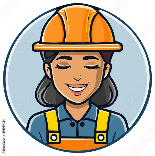 Smiling female construction worker avatar with hard hat and uniform, happy expression