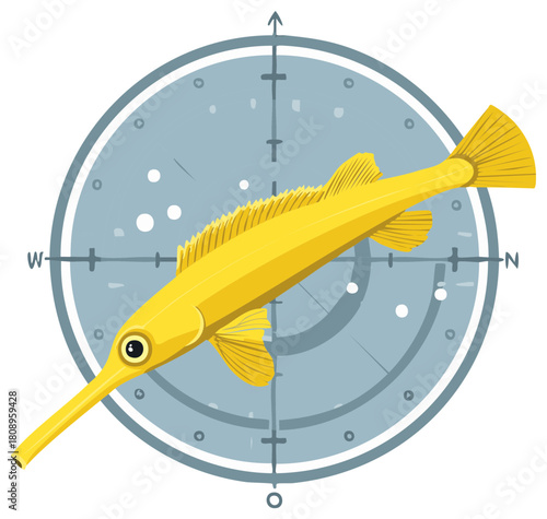 Stylized yellow fish overlaid on a compass design, navigational concept