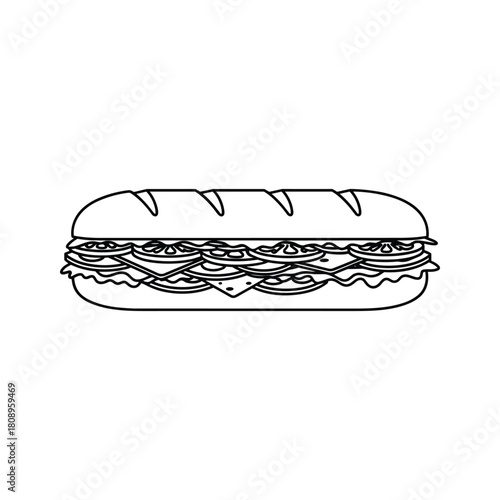 A simple line art illustration of a long submarine sandwich filled with various ingredients
