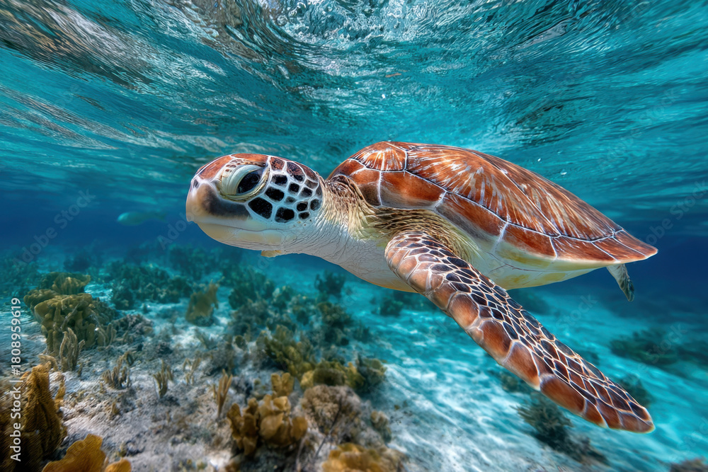 Fototapeta premium Sea Turtle Swimming in Clear Blue Ocean Water