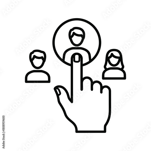 Hand selecting a person icon from a group, representing recruitment, choice, or target audience isolated on