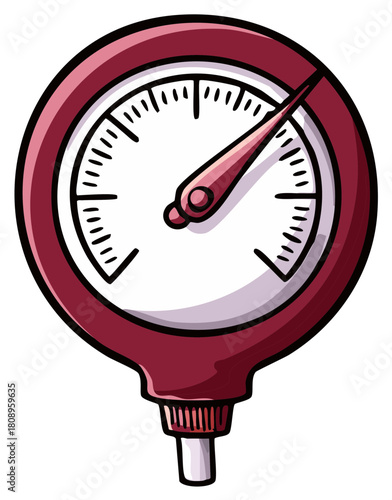 Cartoon illustration of a red pressure gauge with a needle indicating high measurement