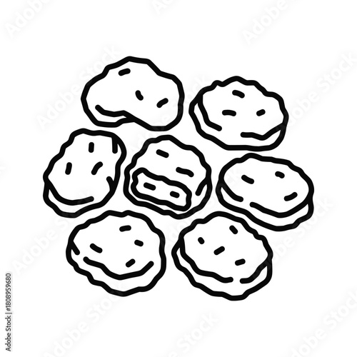 Pile of crispy chicken nuggets, some with a bite taken out, isolated on