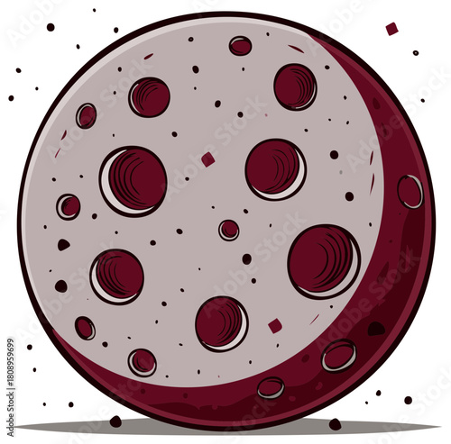 Stylized illustration of a full moon with craters and dark red elements.