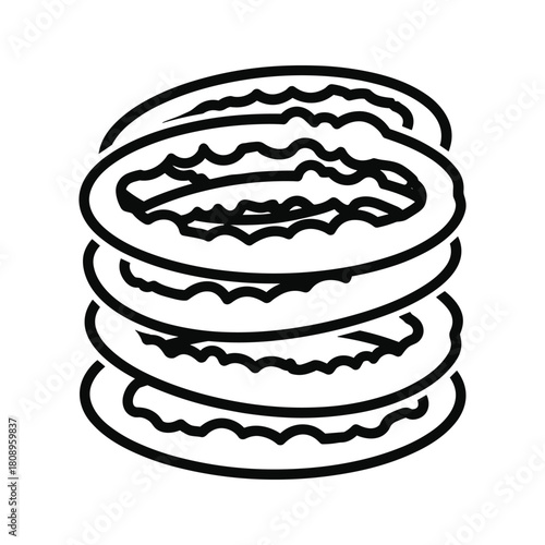 A stack of crispy onion rings, a popular fried appetizer or snack, presented in a simple line art style, isolated on