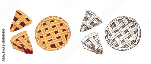 Hand drawn vintage sketch of cherry pie and slices in color and monochrome style, isolated vector illustration