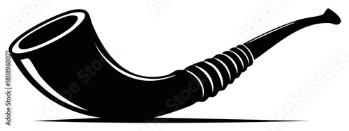 Vector graphic of a stylized smoking pipe with spiral motif, black and white design
