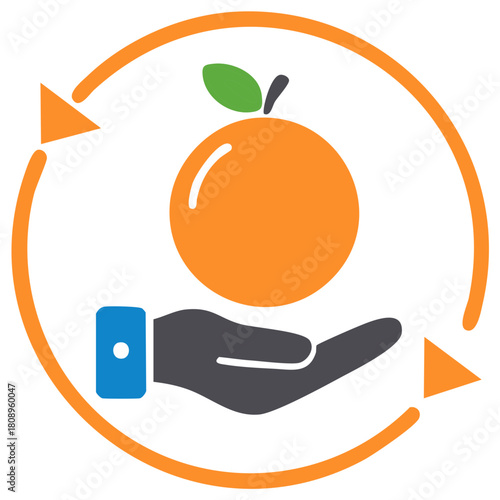Orange fruit held in open hand with circular arrows indicating cycle or exchange concept