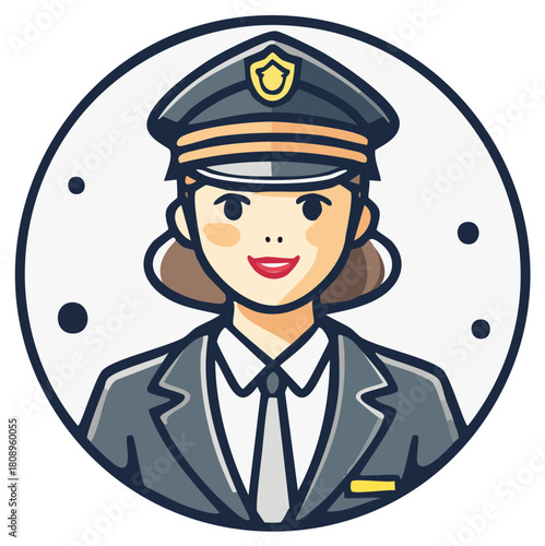 Friendly Woman Officer Portrait in Uniform Cap and Suit, Circle Icon Style Illustration
