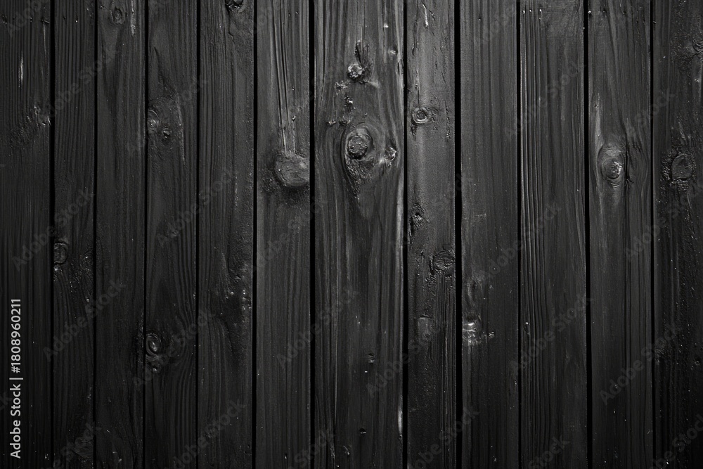 Naklejka premium Close-up of dark wooden planks showcasing natural knots. Smooth texture and subtle grain patterns enhance rustic feel, providing depth. Neural network AI generated