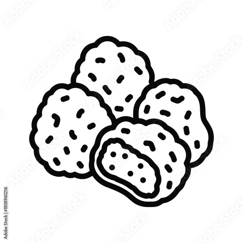 Line art icon of a pile of crispy chicken nuggets or popcorn chicken, fast food snack