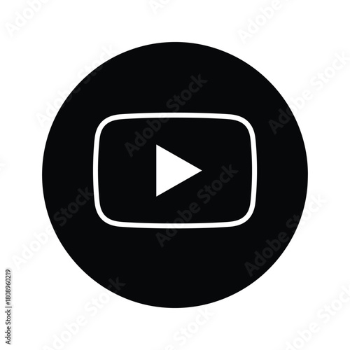 Black circle with white video player icon, representing media and online content, isolated