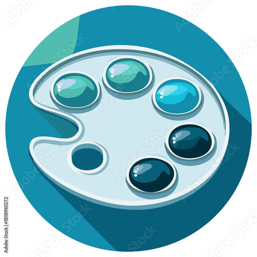 Artist's palette with vibrant blue and teal paint, creative illustration icon for art and design
