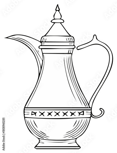 Traditional Arabic Dallah coffee pot hand-drawn line art illustration