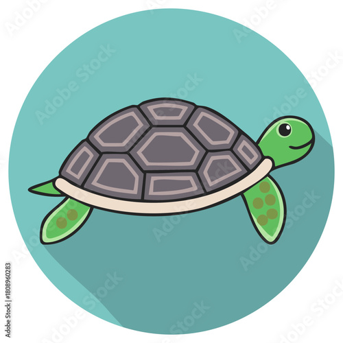 Cute cartoon sea turtle swimming underwater with a teal background and shadow