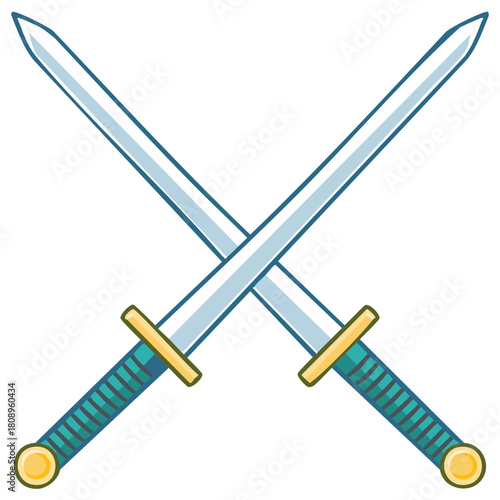 Two crossed swords with teal handles and golden guards depicted in a flat design style