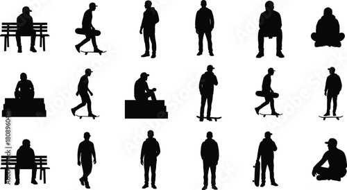 Skater and casual person silhouette collection, standing walking sitting poses with skateboard, black vector illustration set for urban lifestyle design