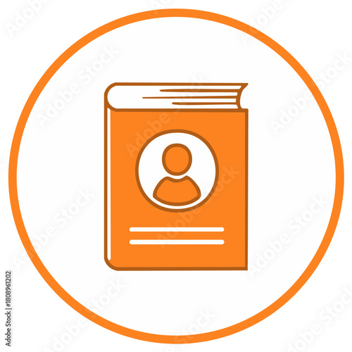 Orange icon book with user profile symbol inside a circle