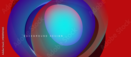 Abstract colorful layers create dynamic visual effect. Red border frames central glowing circles, text present.