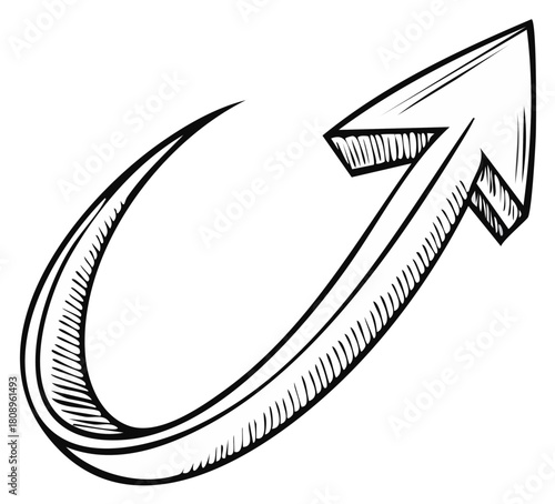 Hand drawn sketch arrow curving upwards with shading