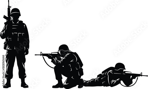 Soldier silhouette collection with standing, kneeling, and prone shooting poses, detailed black vector illustration for military, combat, defense, tactical design