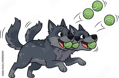 Three headed dog playing fetch with green balls