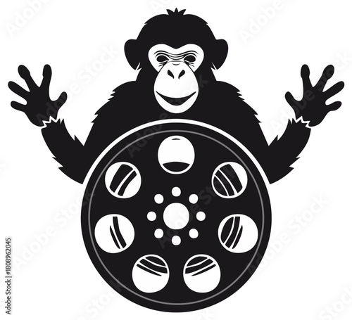 Smiling Chimpanzee Character Waving Behind a Large Cinema Film Reel