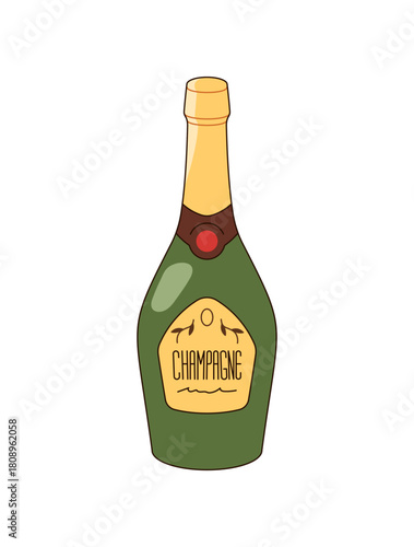 Green bottle of champagne. Closed container of bubbly, sparkling wine. Glass packaging of fizzy alcohol drink, carbonated booze, beverage. Flat isolated vector illustration on white background