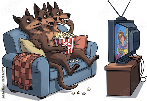 Three headed dog watching television and eating popcorn on a couch