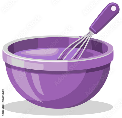 Purple bowl with whisk mixing purple liquid for baking and cooking preparation
