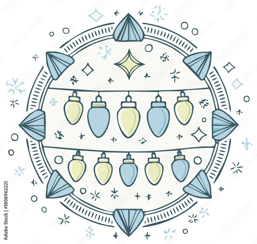 Naklejka premium Hand Drawn Holiday Ornaments Garland with Geometric Frame and Snowflakes