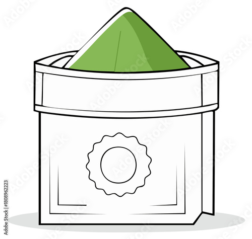 Minimalist line art illustration of an open bag of green matcha tea powder with a blank label
