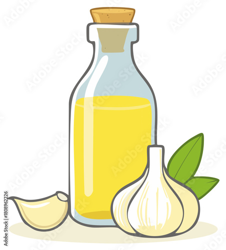 Bottle of Flavored Garlic Oil with Fresh Garlic Bulbs and Green Leaves Kitchen Essential Ingredient for Flavorful Cooking